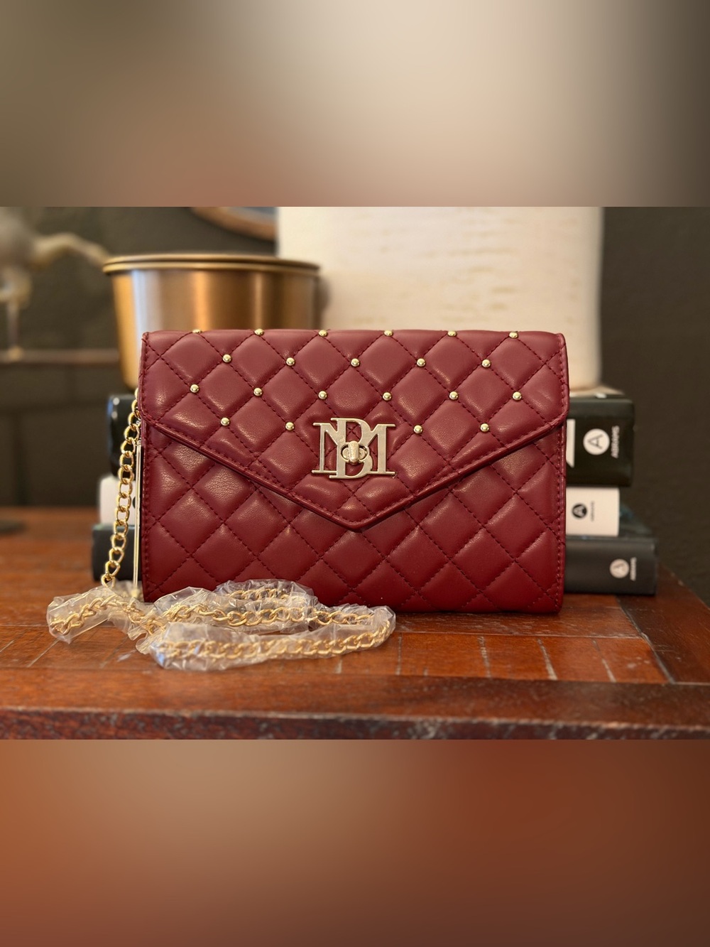 NWT Badgley Mischka Red Maroon Burgandy Stud Quilted Chain Crossbody Bag Purse